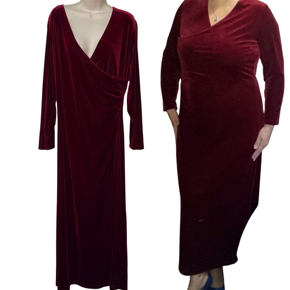 Ronni Nicole‎ II Burgundy Wine Red Velvet Faux Wrap Maxi Dress Plus 22 Vintage